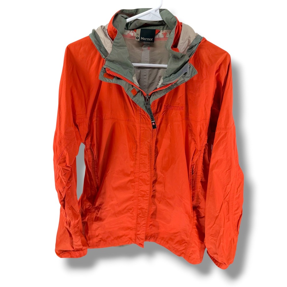 Marmot Womens Orange Hooded Rain Jacket Lightweight Windbreaker Size L